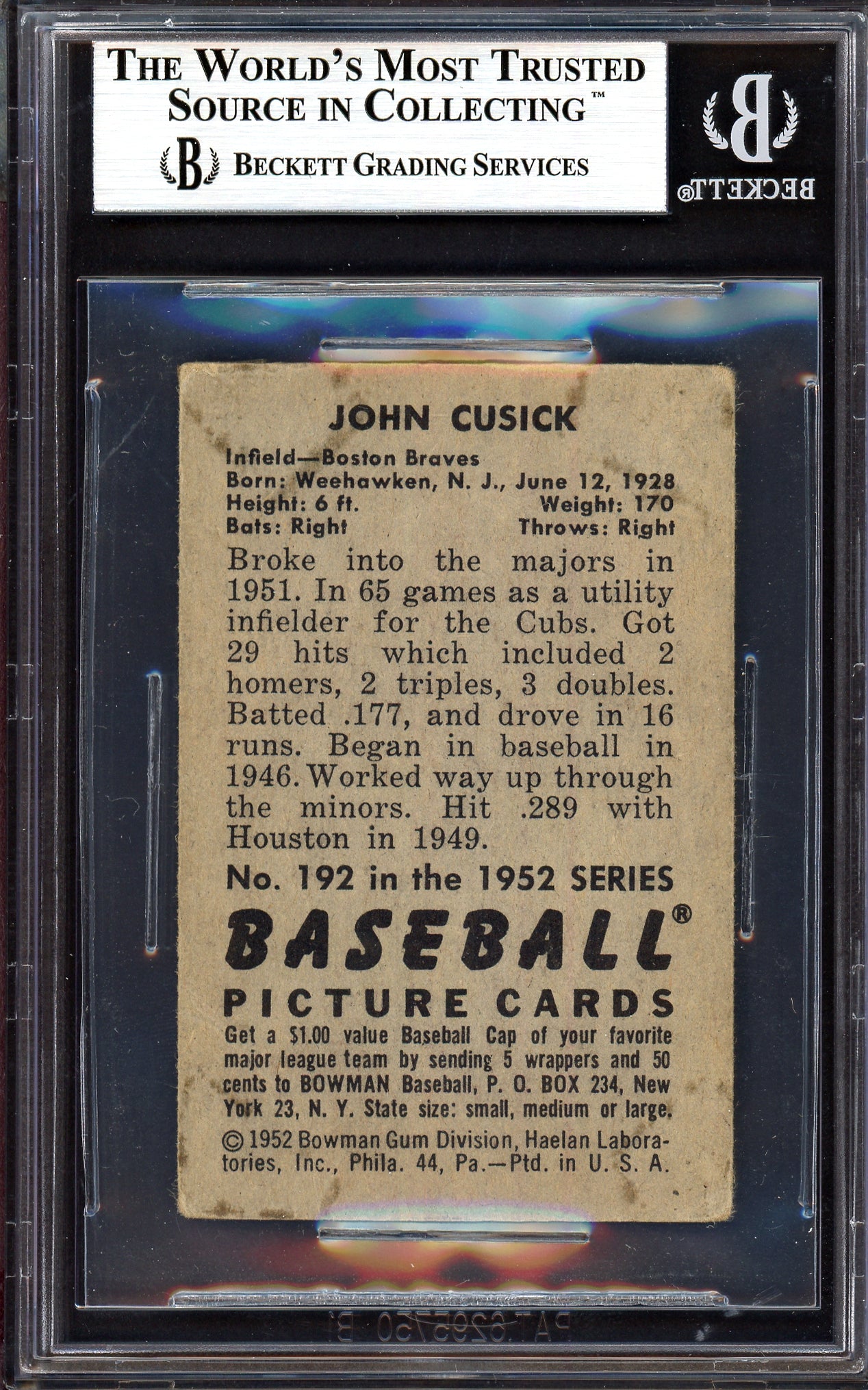 John Cusick Autographed 1952 Bowman Card #192 Boston Braves Beckett BAS #13608020