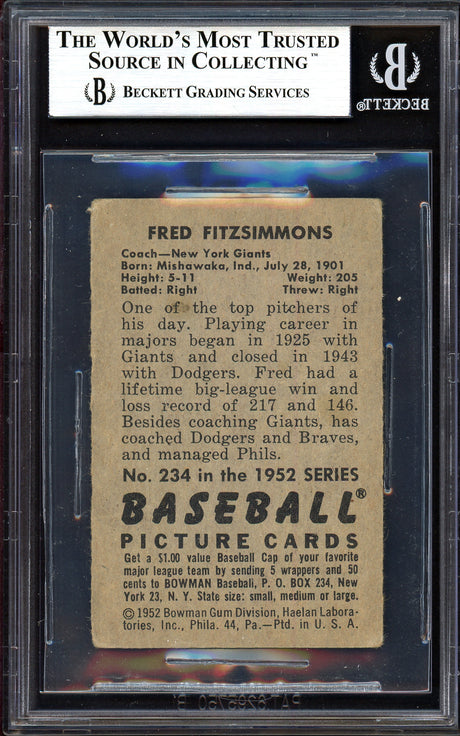 Fred Fitzsimmons Autographed 1952 Bowman Card #234 New York Giants Beckett BAS #13608022