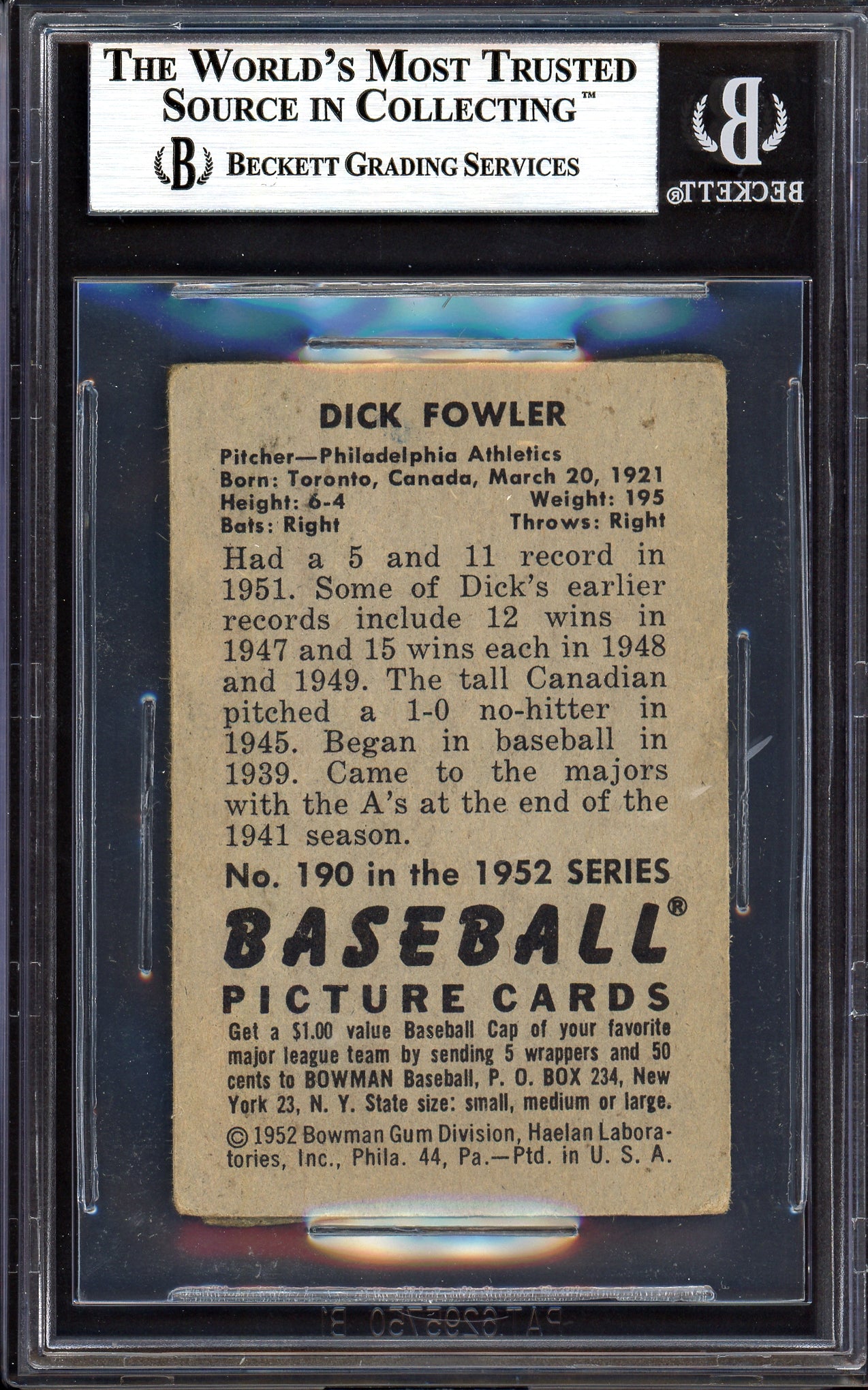 Dick Fowler Autographed 1952 Bowman Card #190 Philadelphia A's Beckett BAS #13608023
