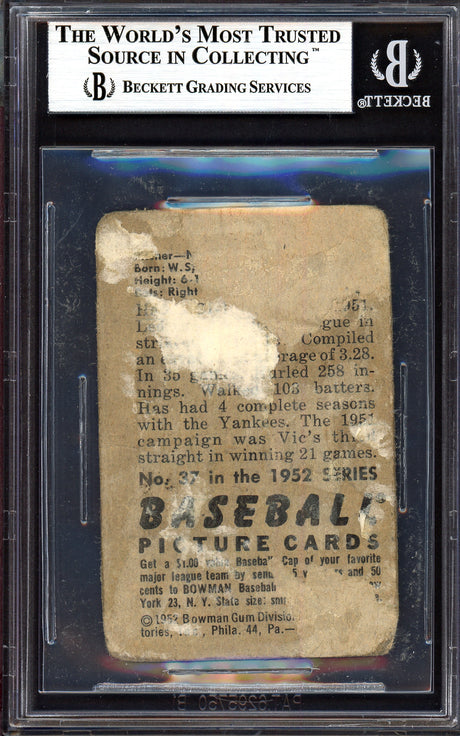 Vic Raschi Autographed 1952 Bowman Card #37 New York Yankees (Back Damage) Beckett BAS #13608024