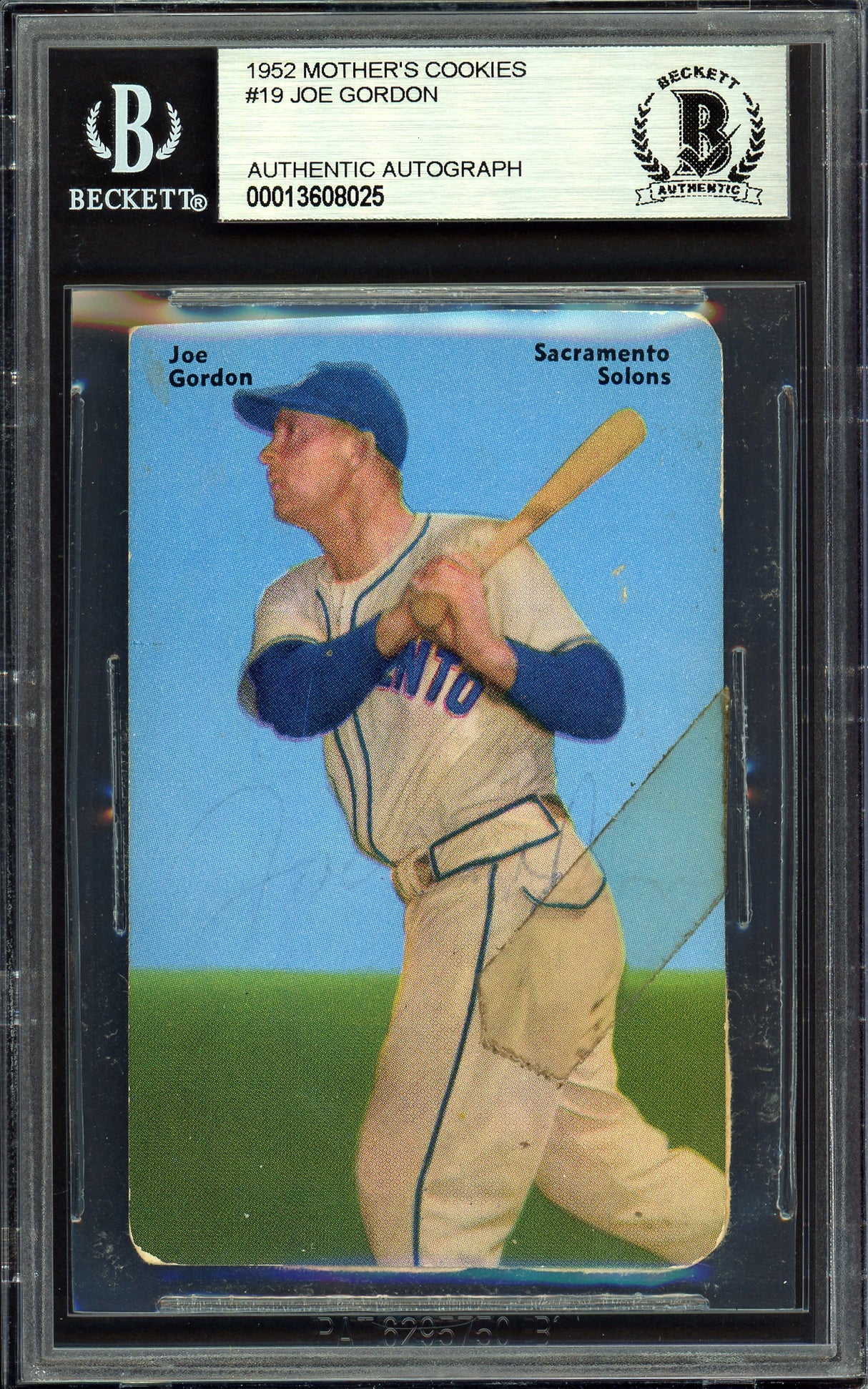 Joe Gordon Autographed 1952 Mother's Cookies PCL Card #19 Sacramento Salons Beckett BAS #13608025