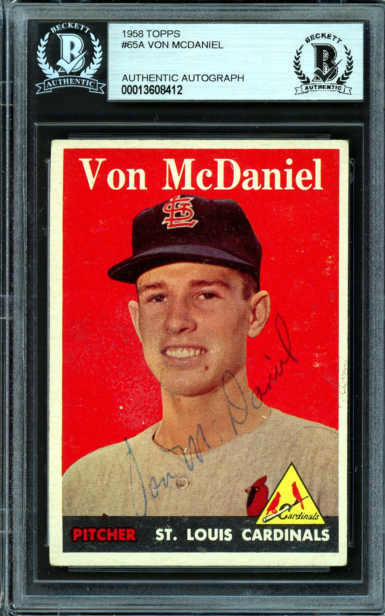 Von McDaniel Autographed 1958 Topps Rookie Card #65 St. Louis Cardinals Beckett BAS #13608412