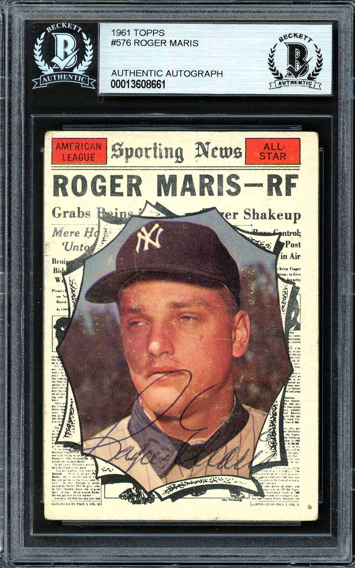Roger Maris Autographed 1961 Topps Card #576 New York Yankees All-Star Beckett BAS #13608661