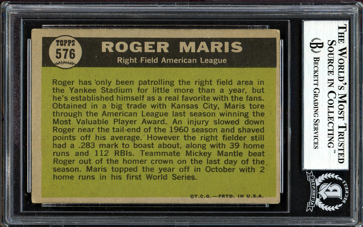 Roger Maris Autographed 1961 Topps Card #576 New York Yankees All-Star Beckett BAS #13608661