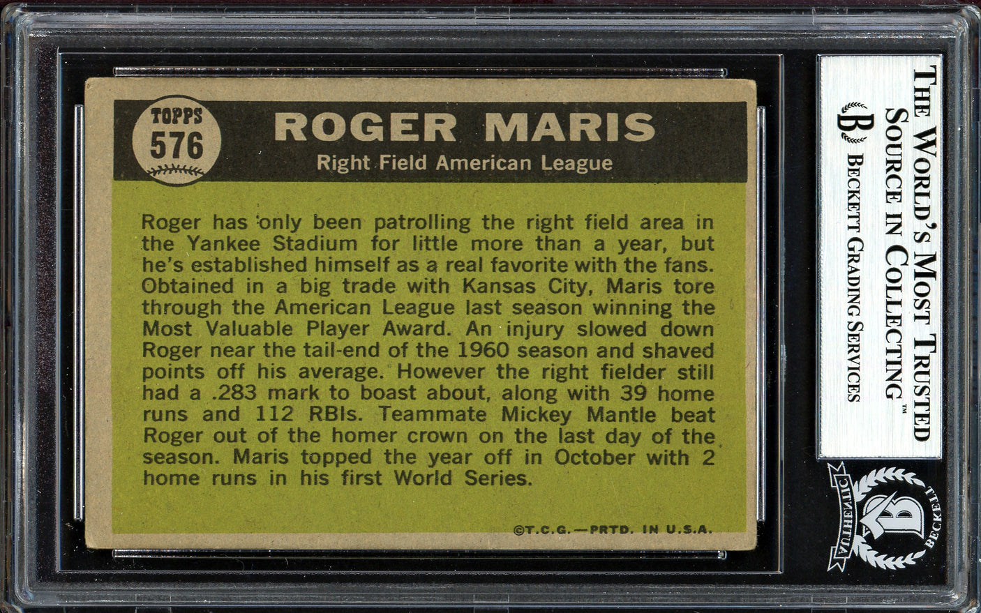 Roger Maris Autographed 1961 Topps Card #576 New York Yankees All-Star Beckett BAS #13608661