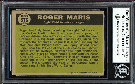 Roger Maris Autographed 1961 Topps Card #576 New York Yankees All-Star Beckett BAS #13608661