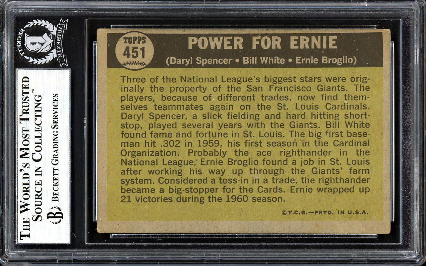 Bill White, Daryl Spencer & Ernie Broglio Autographed 1961 Topps Card #451 St. Louis Cardinals Beckett BAS #13608805