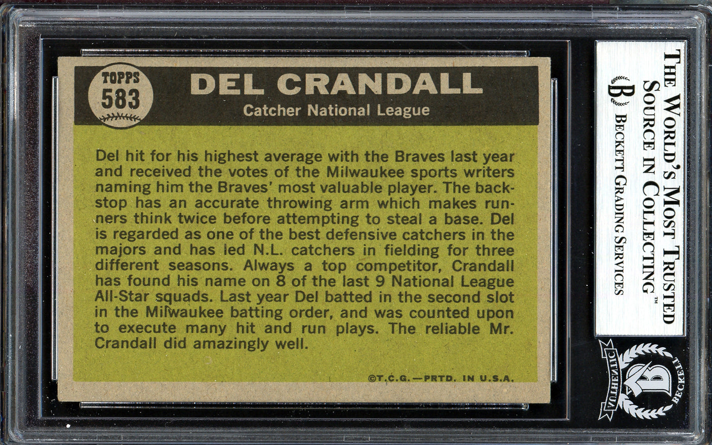 Del Crandall Autographed 1961 Topps Card #583 Milwaukee Braves All-Star Beckett BAS #13608814