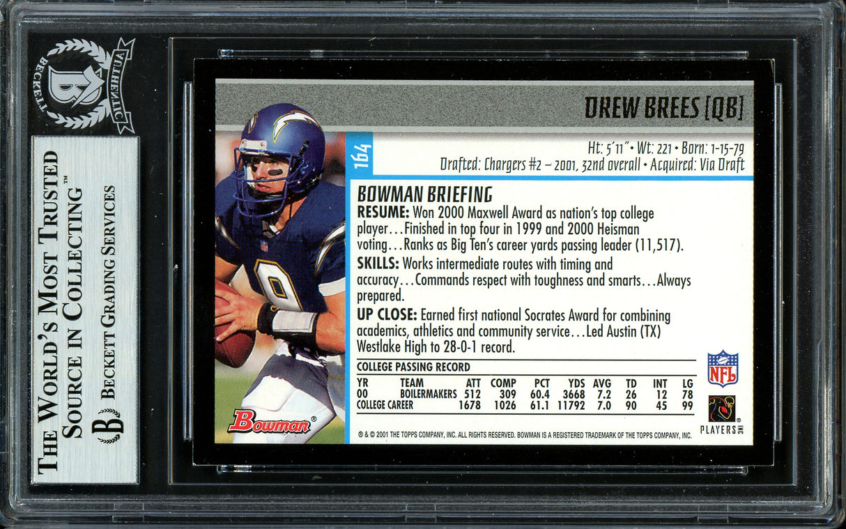 Drew Brees Autographed 2001 Bowman Rookie Card #164 San Diego Chargers Beckett BAS #13609277
