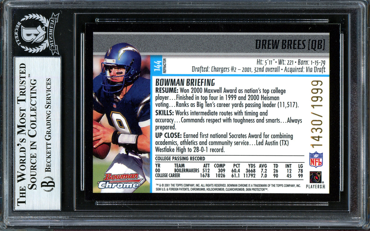 Drew Brees Autographed 2001 Bowman Chrome Refractor Rookie Card #144 San Diego Chargers #1430/1999 Beckett BAS #13609330