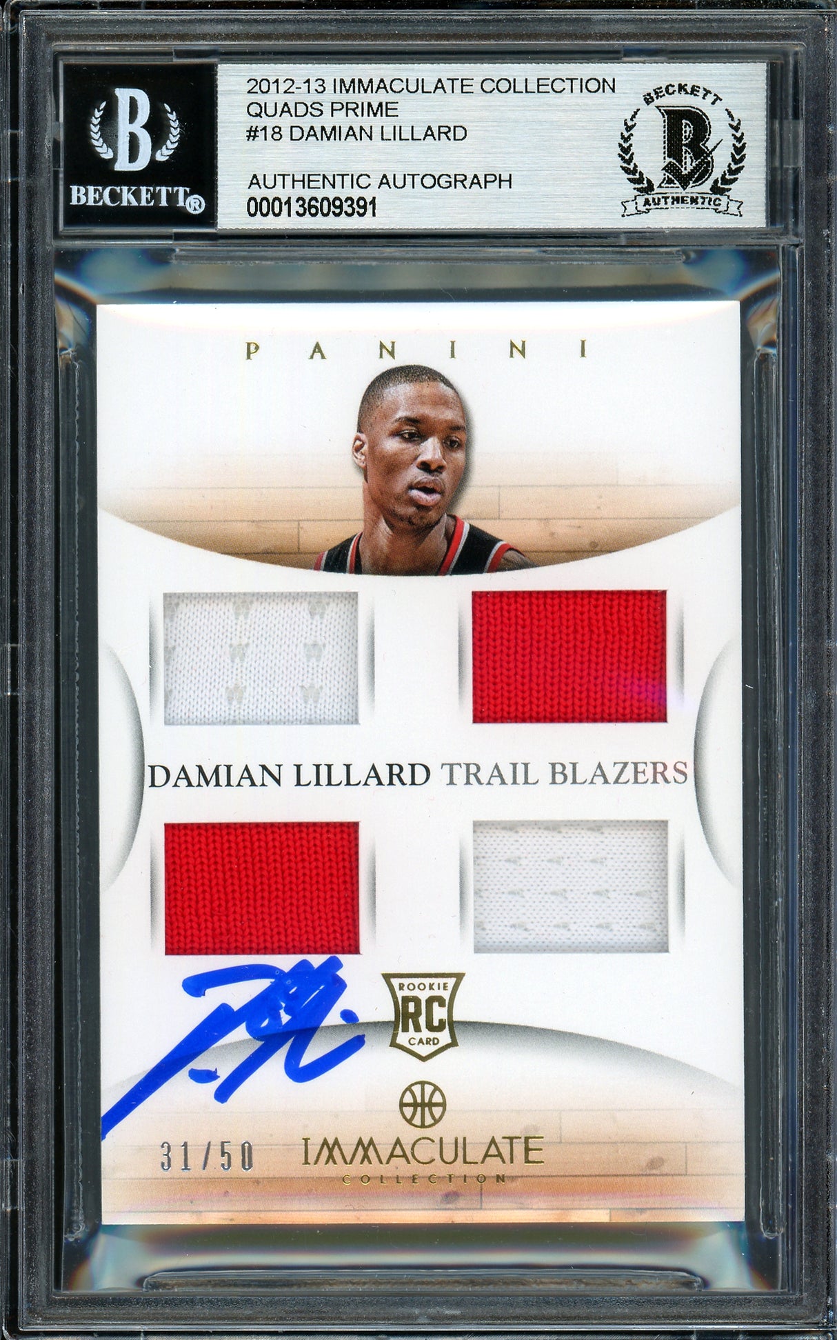 Damian Lillard Autographed 2012-13 Panini Immaculate Quad Patch Rookie Card #18 Portland Trail Blazers #31/50 Beckett BAS #13609391