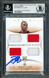 Damian Lillard Autographed 2012-13 Panini Immaculate Quad Patch Rookie Card #18 Portland Trail Blazers #31/50 Beckett BAS #13609391