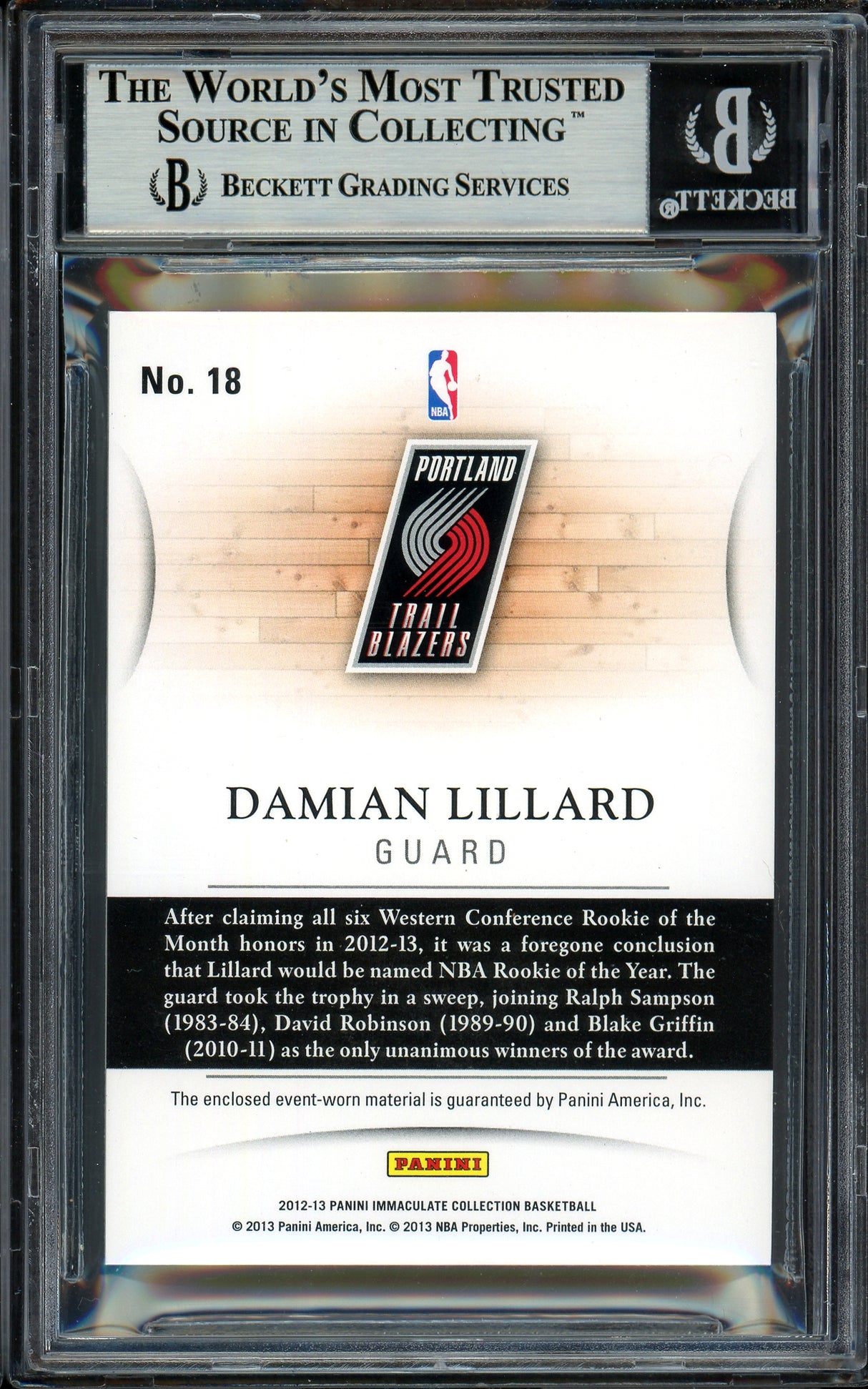 Damian Lillard Autographed 2012-13 Panini Immaculate Quad Patch Rookie Card #18 Portland Trail Blazers #31/50 Beckett BAS #13609391