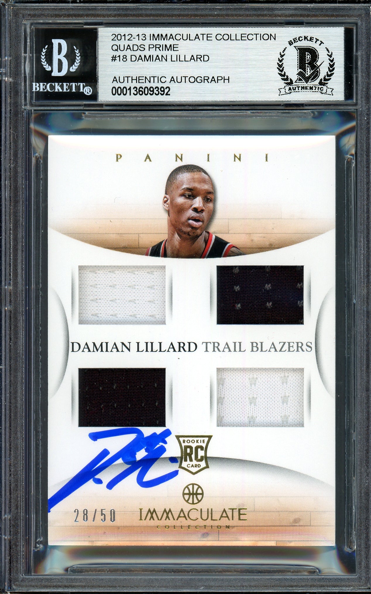 Damian Lillard Autographed 2012-13 Panini Immaculate Quad Patch Rookie Card #18 Portland Trail Blazers #28/50 Beckett BAS #13609392
