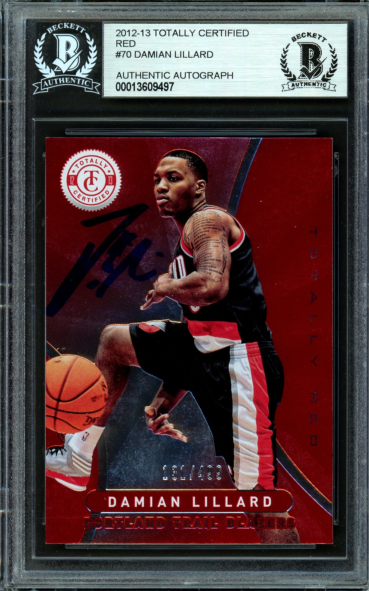 Damian Lillard Autographed 2012-13 Panini Totally Certified Red Rookie Card #70 Portland Trail Blazers #131/499 Beckett BAS #13609497