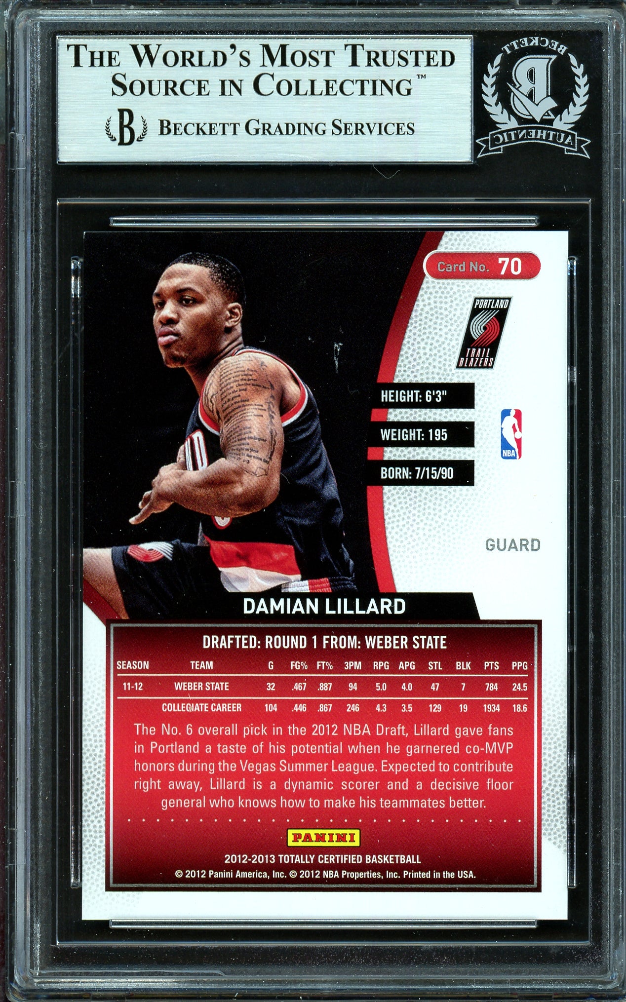 Damian Lillard Autographed 2012-13 Panini Totally Certified Red Rookie Card #70 Portland Trail Blazers #131/499 Beckett BAS #13609497