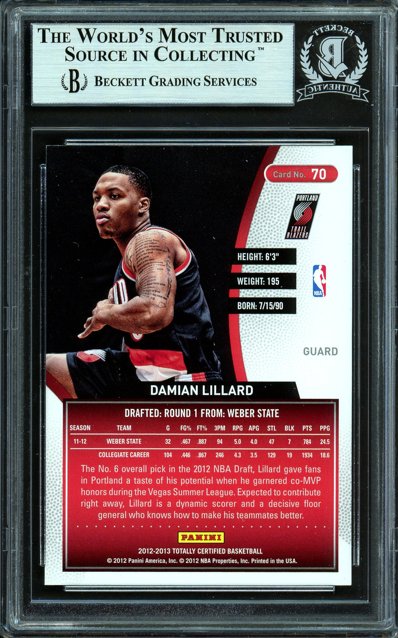 Damian Lillard Autographed 2012-13 Panini Totally Certified Rookie Card #70 Portland Trail Blazers Beckett BAS #13609496