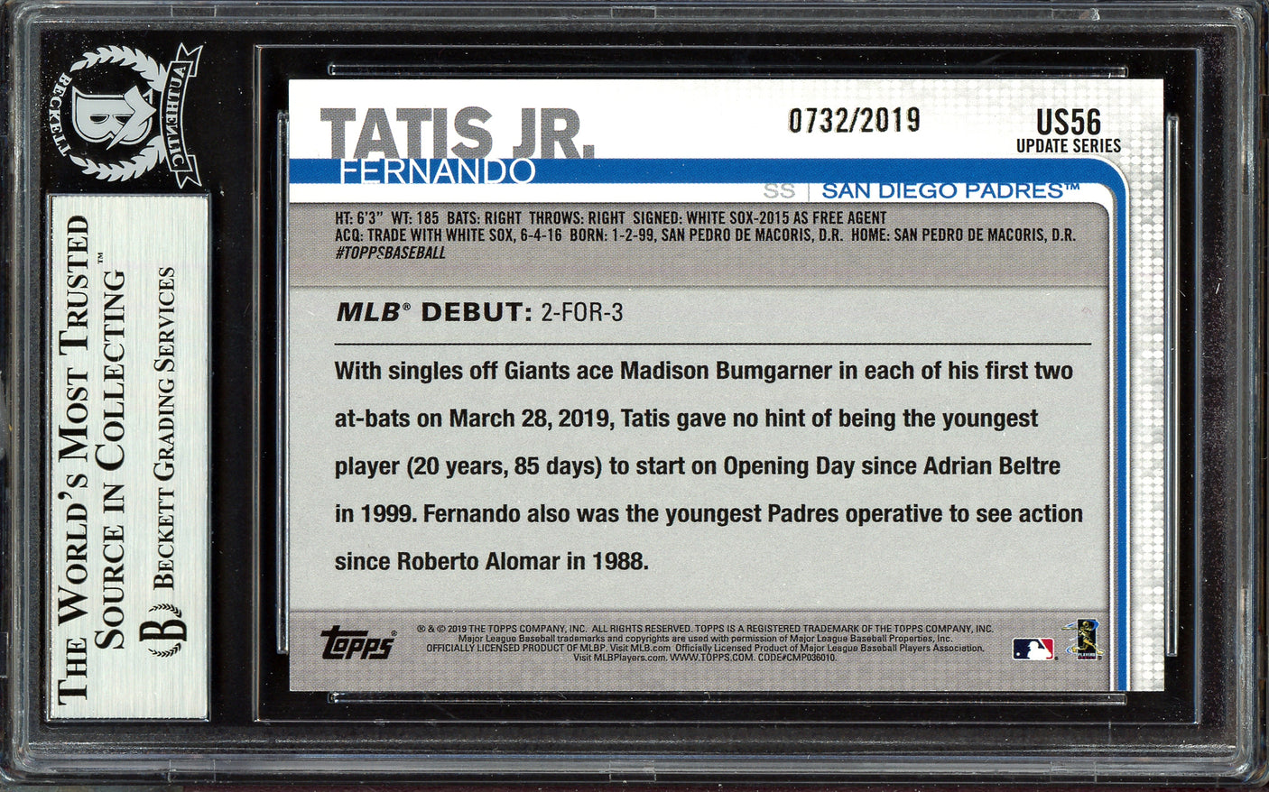 Fernando Tatis Jr. Autographed 2019 Topps Update Gold Rookie Card #US56 San Diego Padres #732/2019 Beckett BAS #13609589
