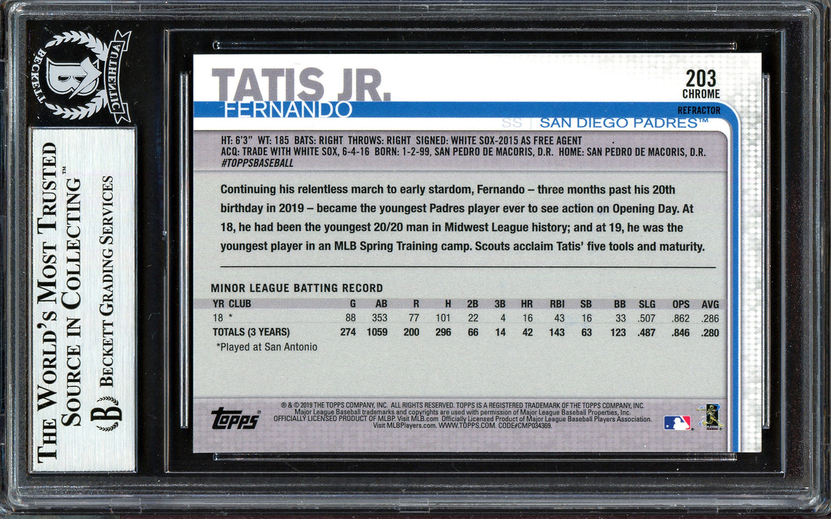 Fernando Tatis Jr. Autographed 2019 Topps Chrome Refractor Rookie Card #203 San Diego Padres Beckett BAS #13609594