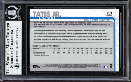 Fernando Tatis Jr. Autographed 2019 Topps Chrome Rookie Card #203 San Diego Padres (Bubbling) Beckett BAS #13609618