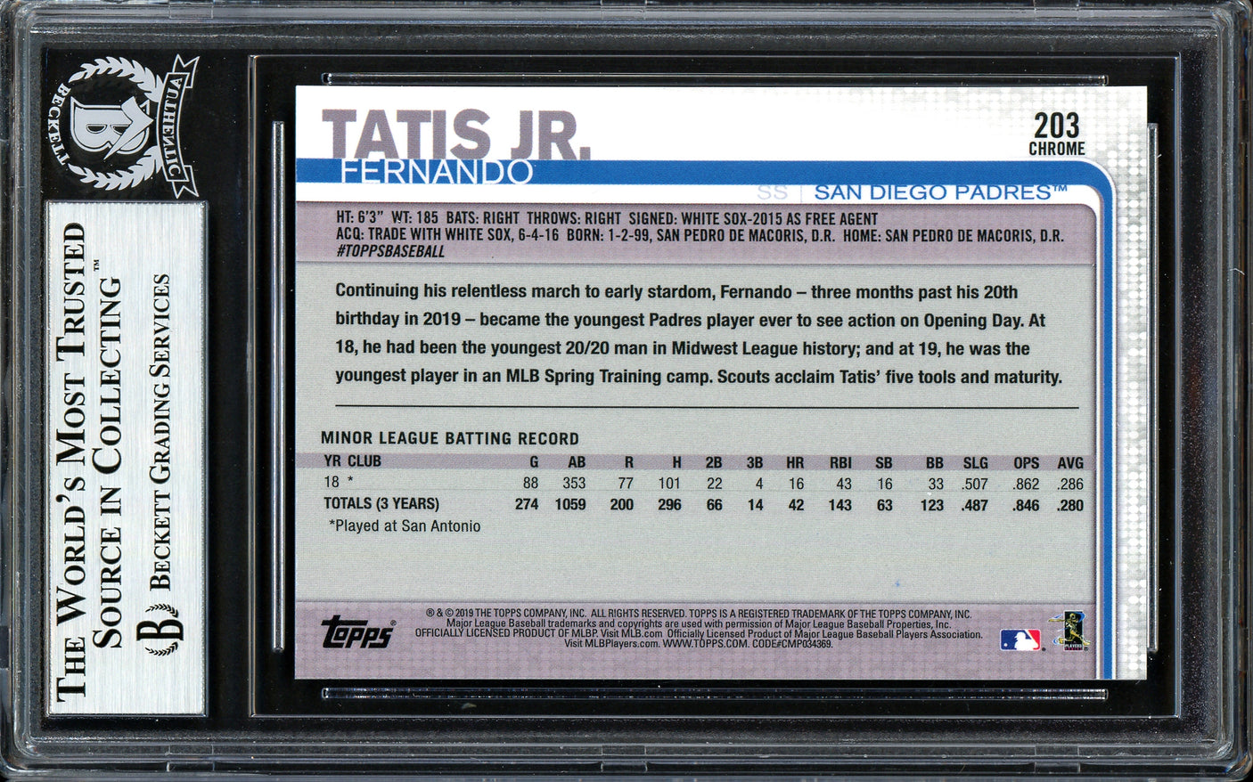Fernando Tatis Jr. Autographed 2019 Topps Chrome Rookie Card #203 San Diego Padres (Bubbling) Beckett BAS #13609606