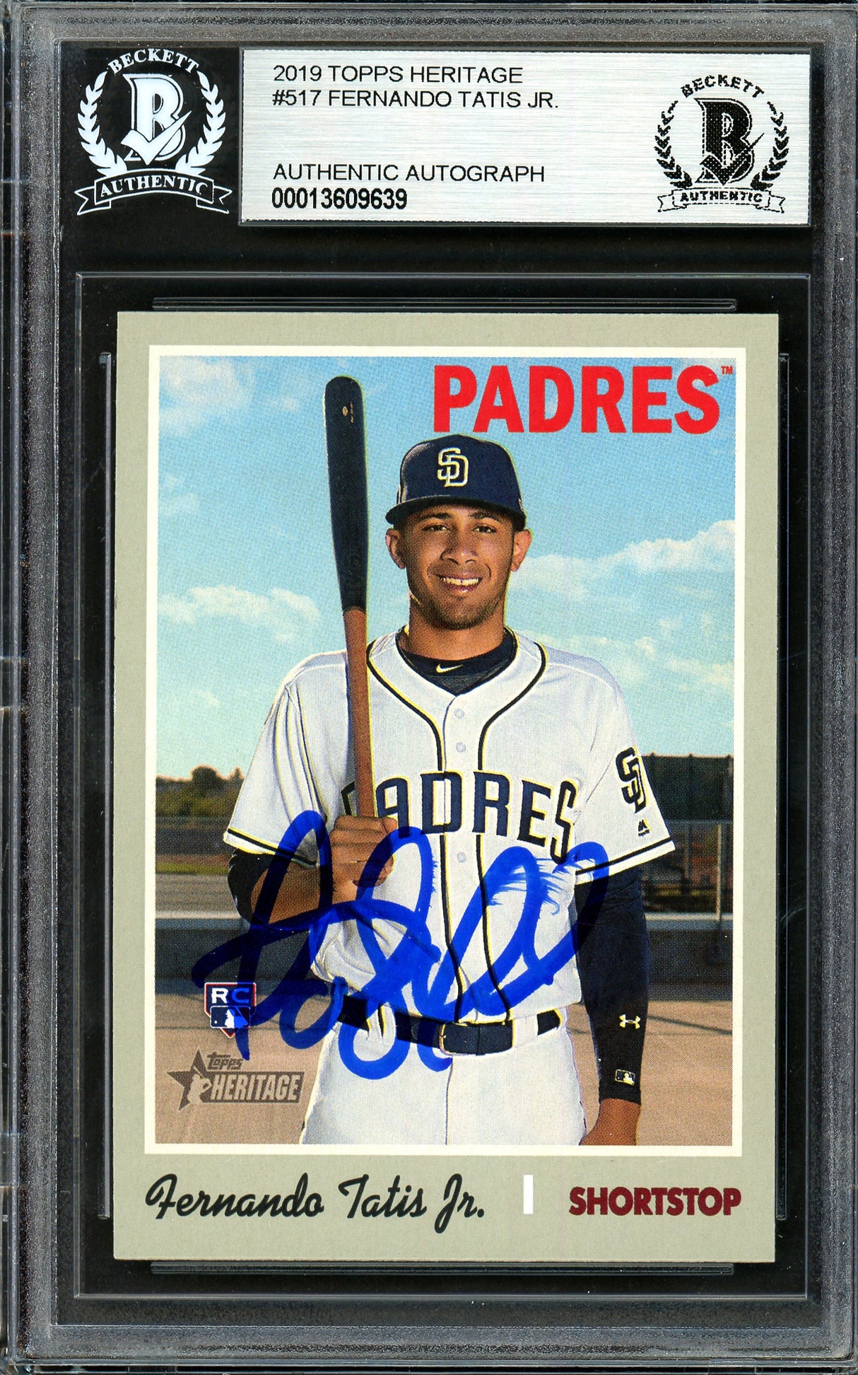 Fernando Tatis Jr. Autographed 2019 Topps Heritage Rookie Card #517 San Diego Padres (Smudged) Beckett BAS #13609639