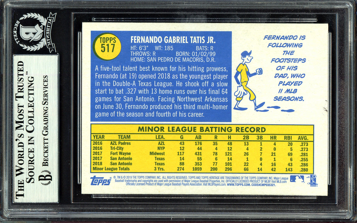 Fernando Tatis Jr. Autographed 2019 Topps Heritage Rookie Card #517 San Diego Padres (Smudged) Beckett BAS #13609639