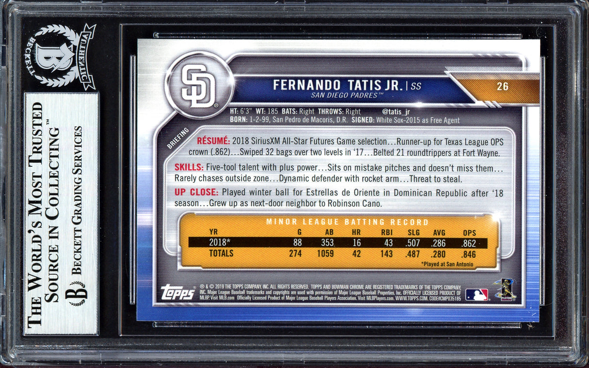 Fernando Tatis Jr. Autographed 2019 Bowman Chrome Rookie Card #26 San Diego Padres Beckett BAS #13609645