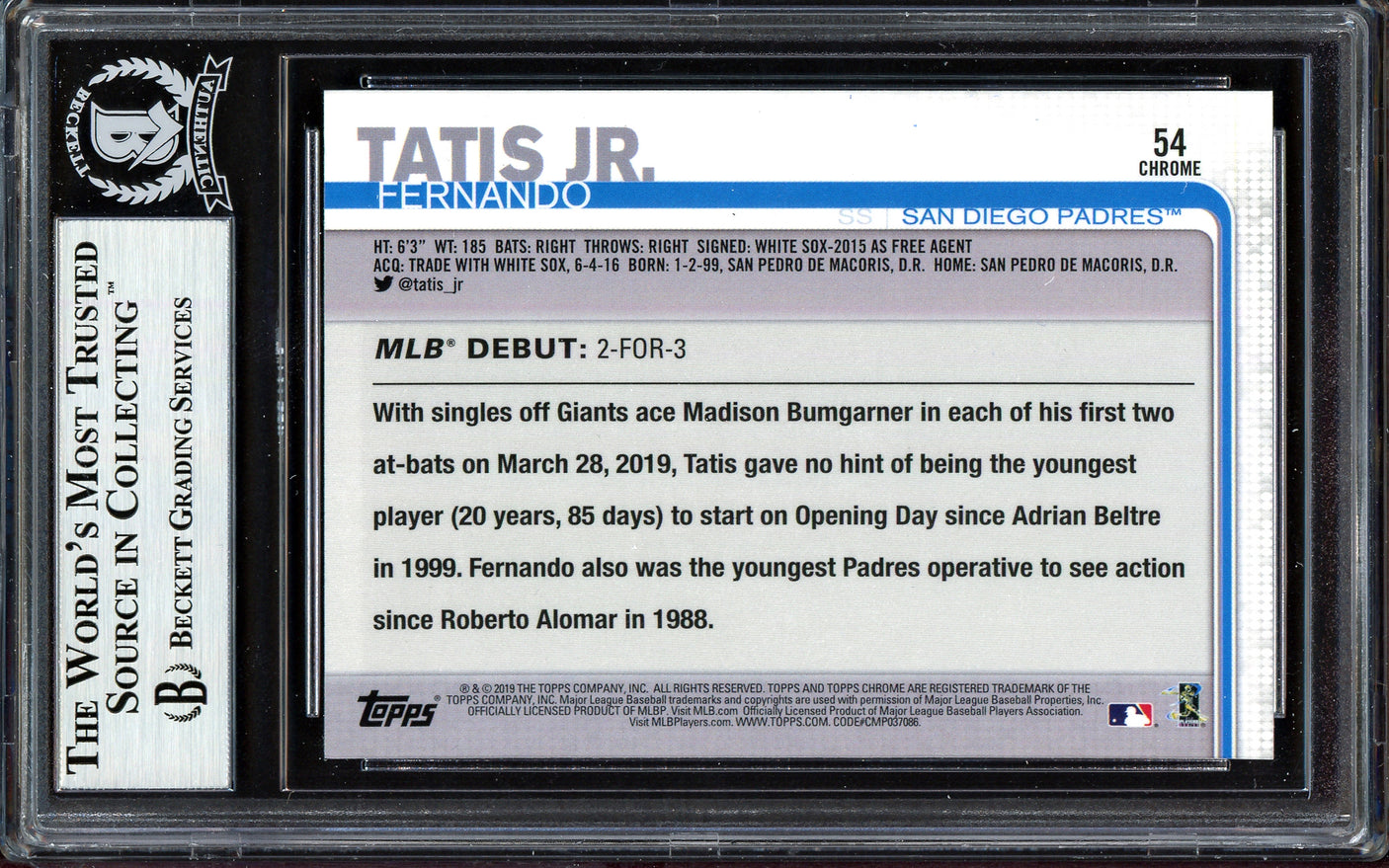 Fernando Tatis Jr. Autographed 2019 Topps Chrome Update Rookie Card #54 San Diego Padres Beckett BAS #13609661