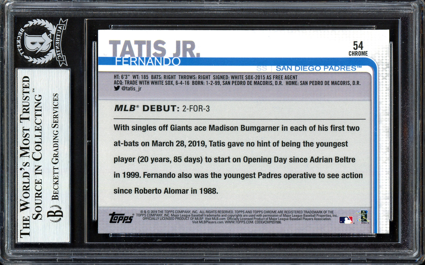 Fernando Tatis Jr. Autographed 2019 Topps Chrome Update Rookie Card #54 San Diego Padres Beckett BAS #13609658