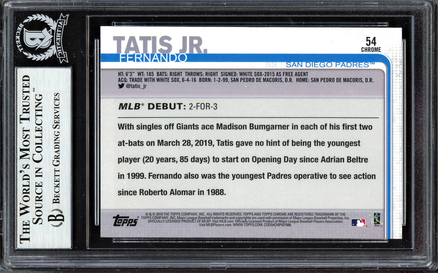 Fernando Tatis Jr. Autographed 2019 Topps Chrome Update Rookie Card #54 San Diego Padres (Bubbling) Beckett BAS #13609674