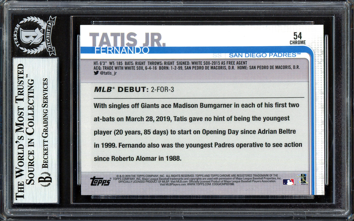 Fernando Tatis Jr. Autographed 2019 Topps Chrome Update Rookie Card #54 San Diego Padres (Bubbling) Beckett BAS #13609663