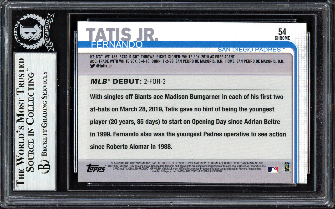 Fernando Tatis Jr. Autographed 2019 Topps Chrome Update Rookie Card #54 San Diego Padres (Bubbling) Beckett BAS #13609662