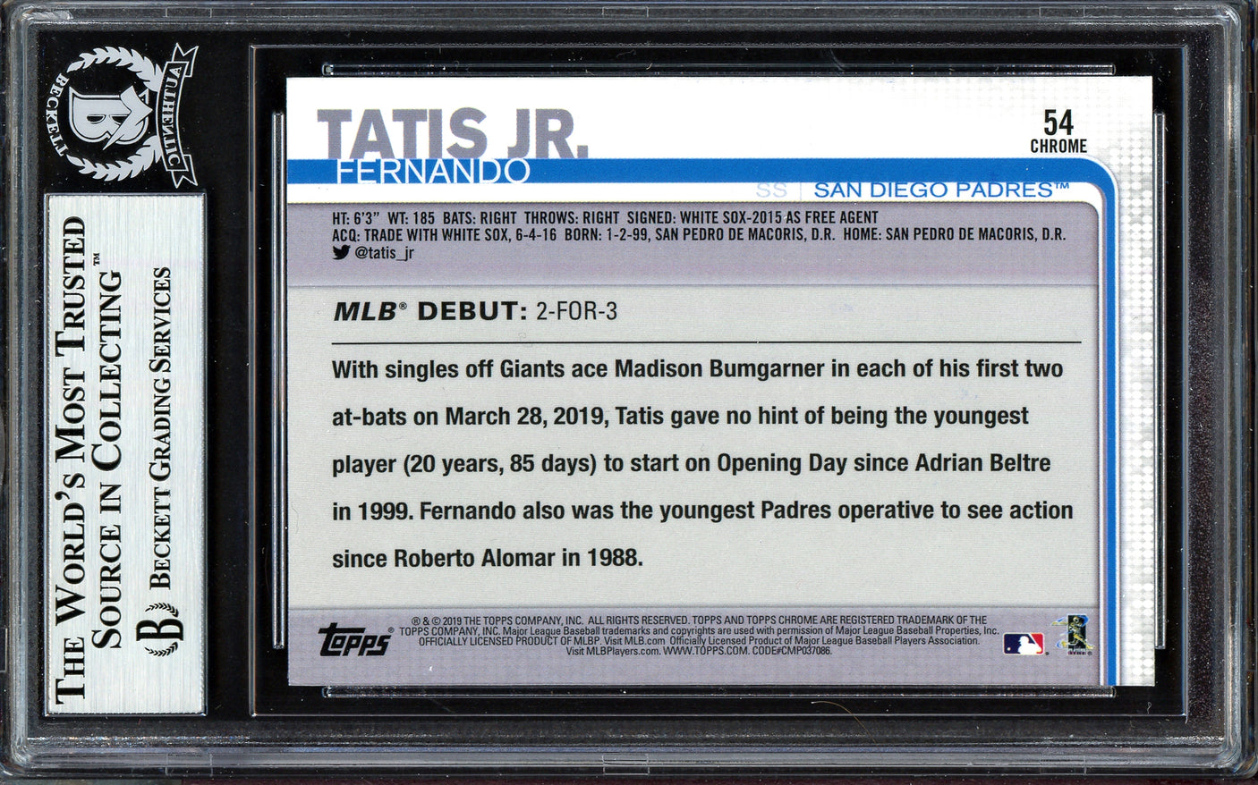 Fernando Tatis Jr. Autographed 2019 Topps Chrome Update Rookie Card #54 San Diego Padres (Bubbling) Beckett BAS #13609667