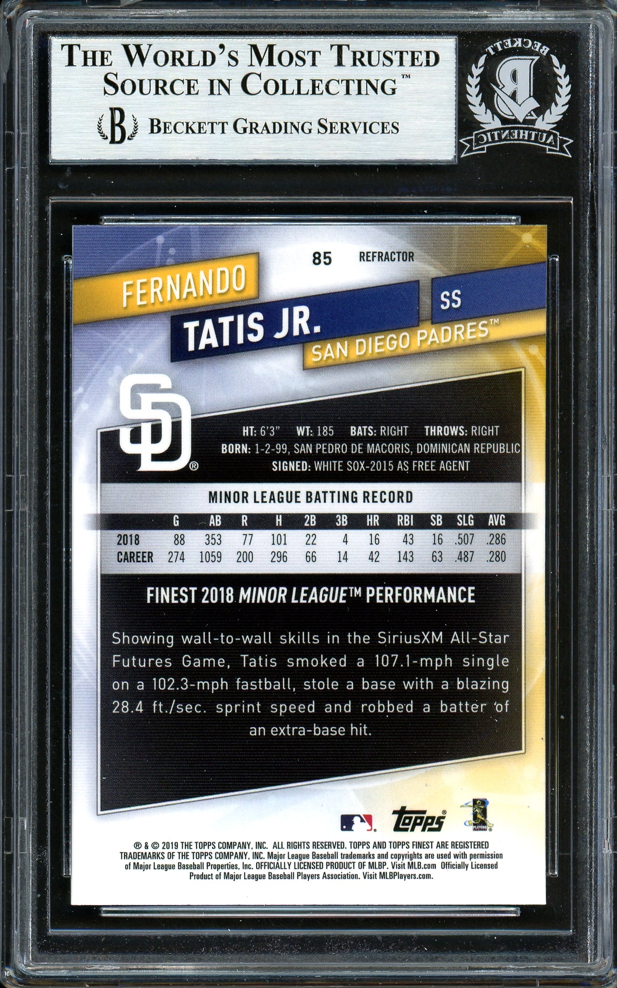 Fernando Tatis Jr. Autographed 2019 Topps Finest Refractor Rookie Card #85 San Diego Padres (Bubbling) Beckett BAS #13609724