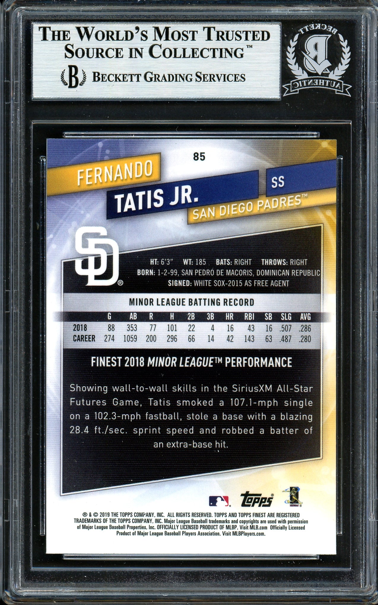 Fernando Tatis Jr. Autographed 2019 Topps Finest Rookie Card #85 San Diego Padres (Bubbling) Beckett BAS #13609744
