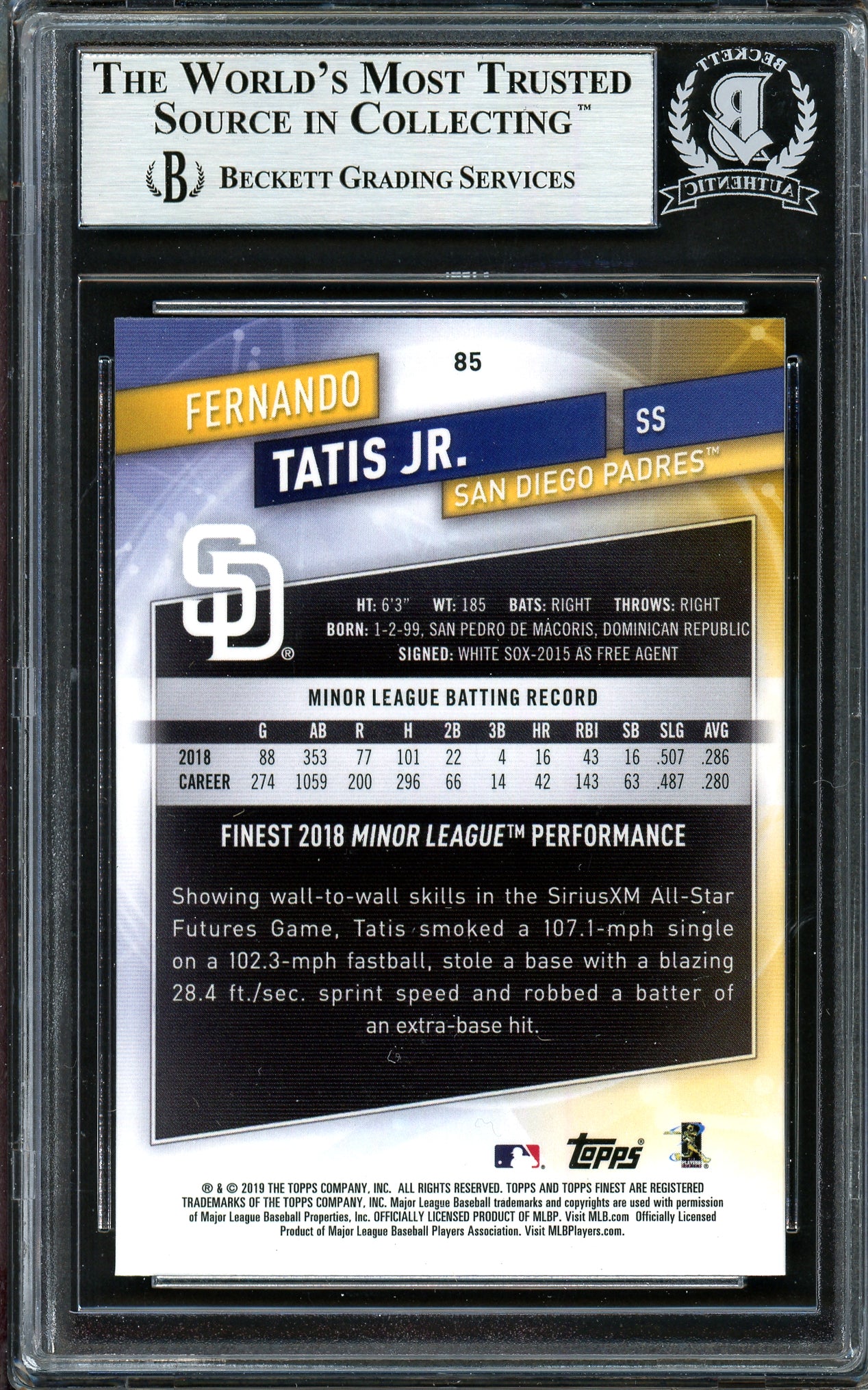 Fernando Tatis Jr. Autographed 2019 Topps Finest Rookie Card #85 San Diego Padres (Bubbling) Beckett BAS #13609738