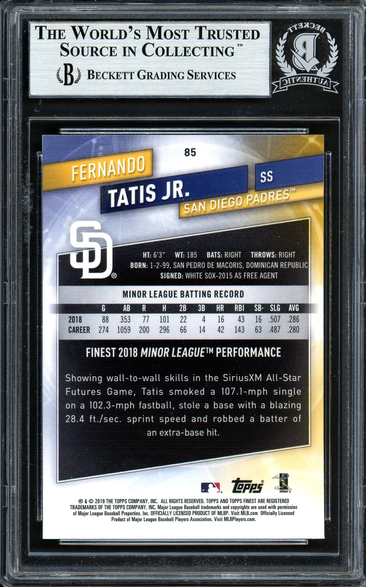 Fernando Tatis Jr. Autographed 2019 Topps Finest Rookie Card #85 San Diego Padres (Bubbling) Beckett BAS #13609740