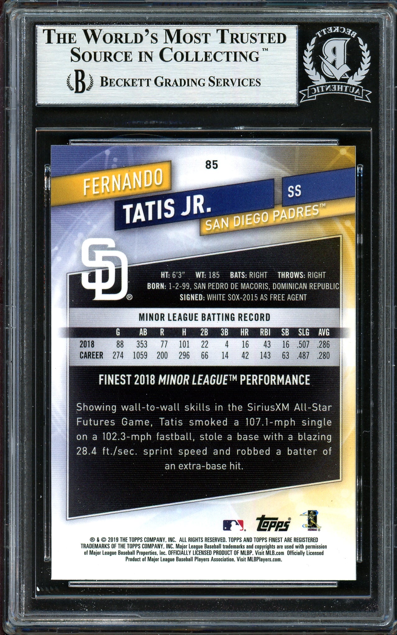 Fernando Tatis Jr. Autographed 2019 Topps Finest Rookie Card #85 San Diego Padres (Bubbling) Beckett BAS #13609741