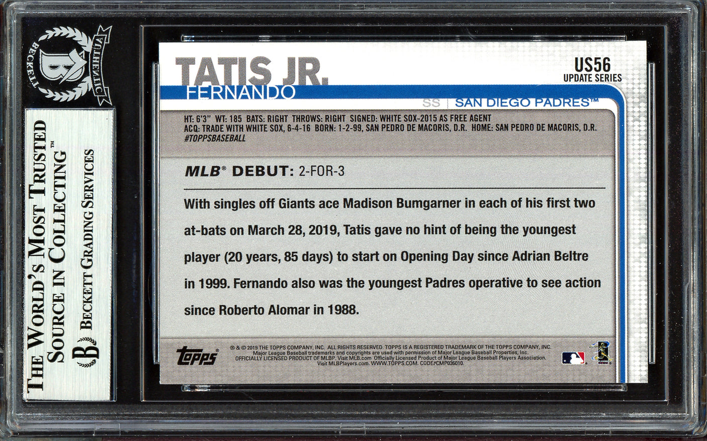 Fernando Tatis Jr. Autographed 2019 Topps Update Rookie Card #US56 San Diego Padres Beckett BAS #13609731