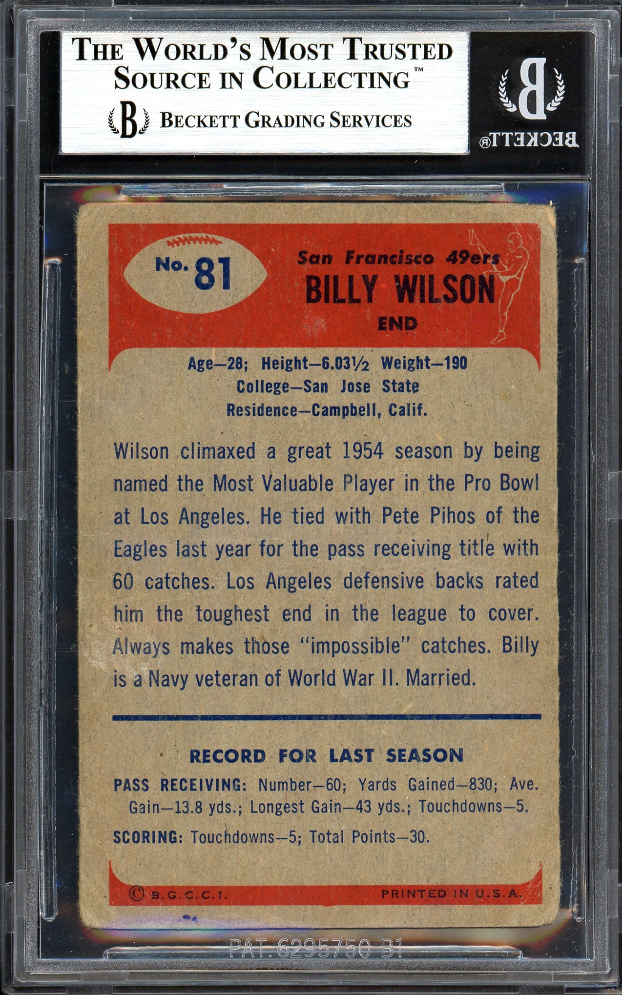 Billy Wilson Autographed 1955 Bowman Rookie Card #81 San Francisco 49ers Beckett BAS #13610038