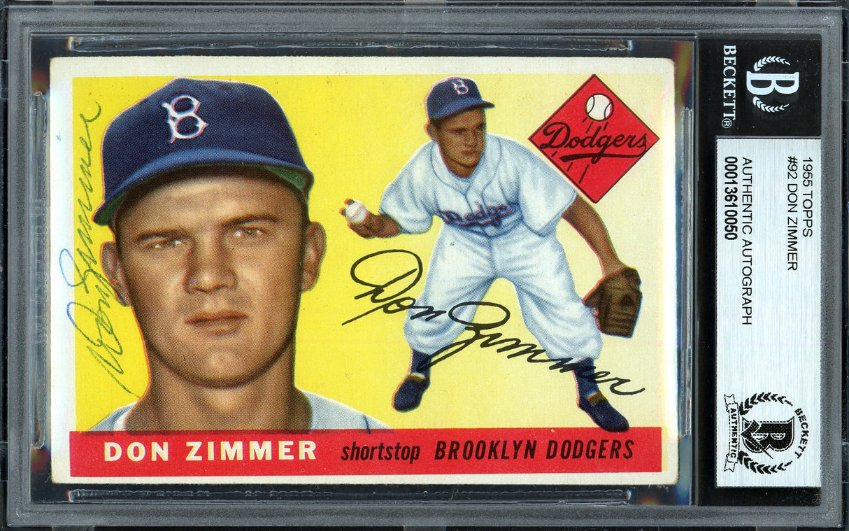 Don Zimmer Autographed 1955 Topps Rookie Card #92 Brooklyn Dodgers Beckett BAS #13610050