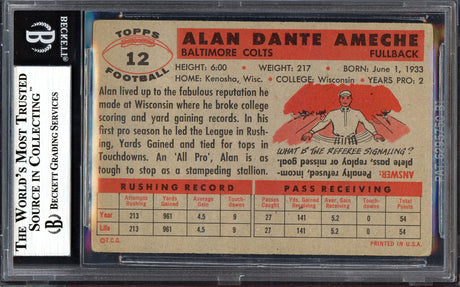 Alan Ameche Autographed 1956 Topps Card #12 Baltimore Colts Beckett BAS #13610344