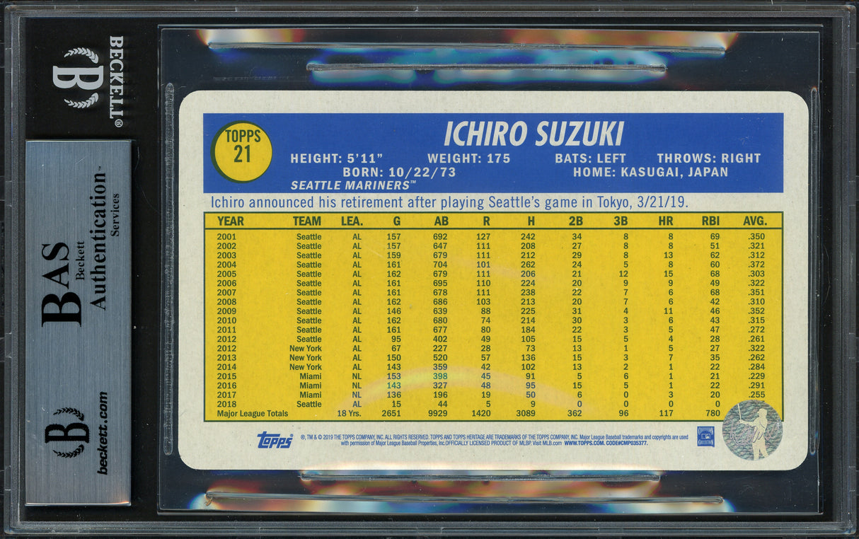 Ichiro Suzuki Autographed 2019 Heritage High Number Box Topper 3x5 Card #21 Seattle Mariners Beckett BAS #13610436