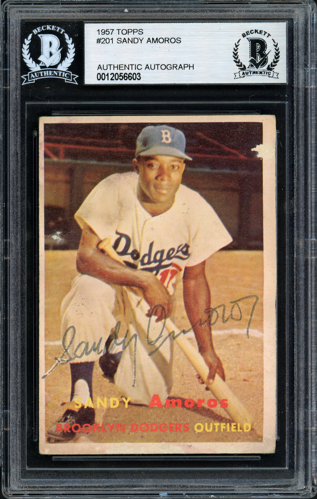 Sandy Amoros Autographed 1957 Topps Card #201 Brooklyn Dodgers Beckett BAS #12056603