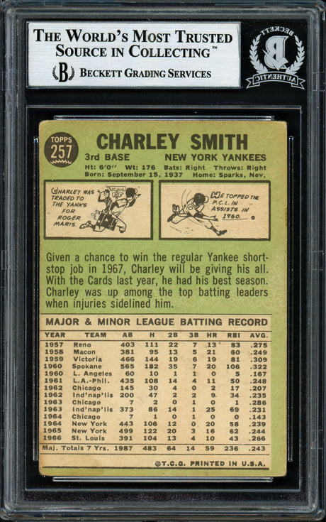 Charlie Smith Autographed 1967 Topps Card #257 New York Yankees Beckett BAS #12057154