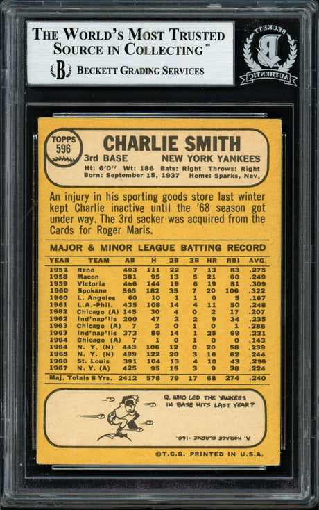 Charlie Smith Autographed 1968 Topps Card #596 New York Yankees Beckett BAS #12057254