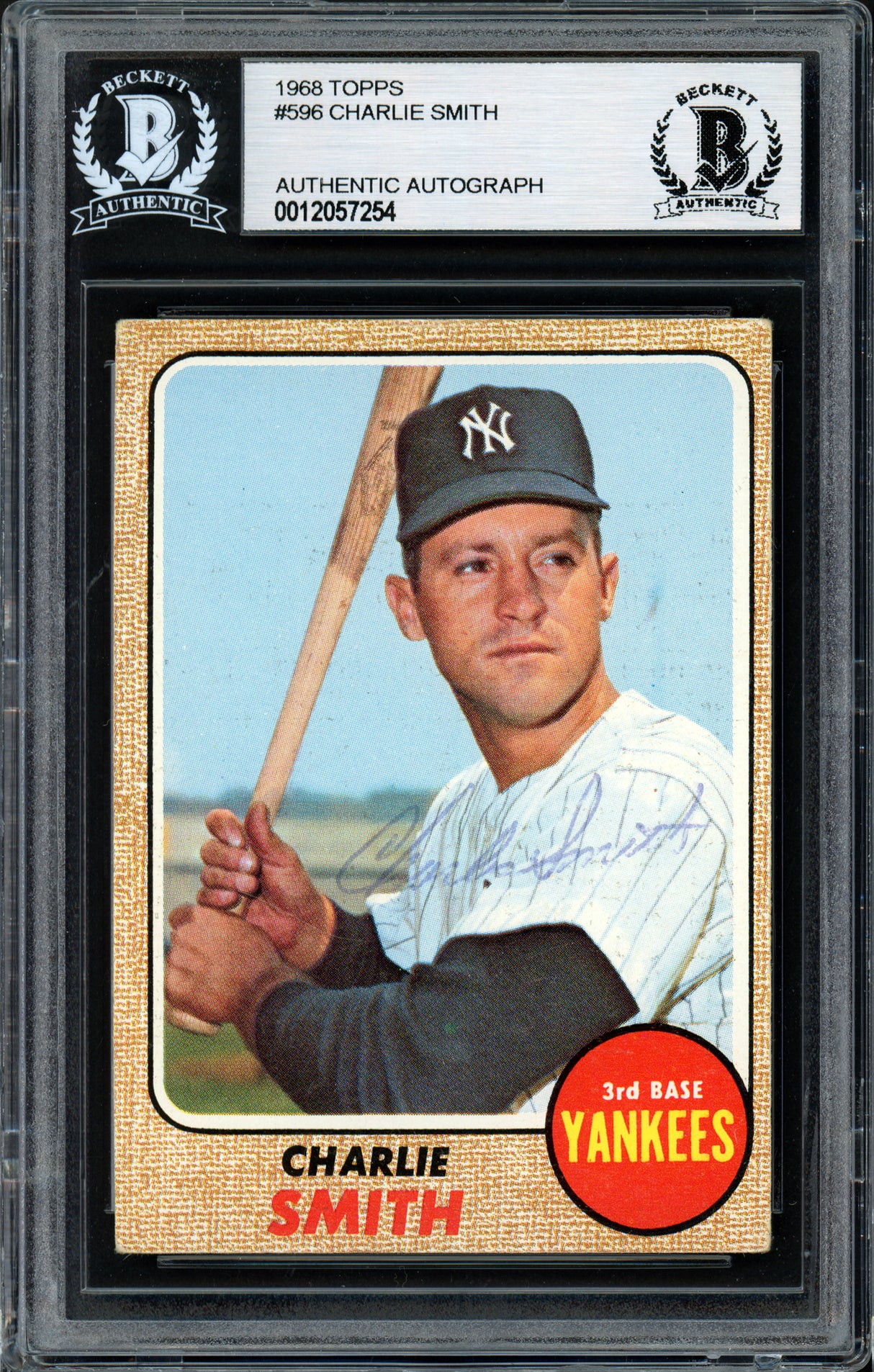 Charlie Smith Autographed 1968 Topps Card #596 New York Yankees Beckett BAS #12057254