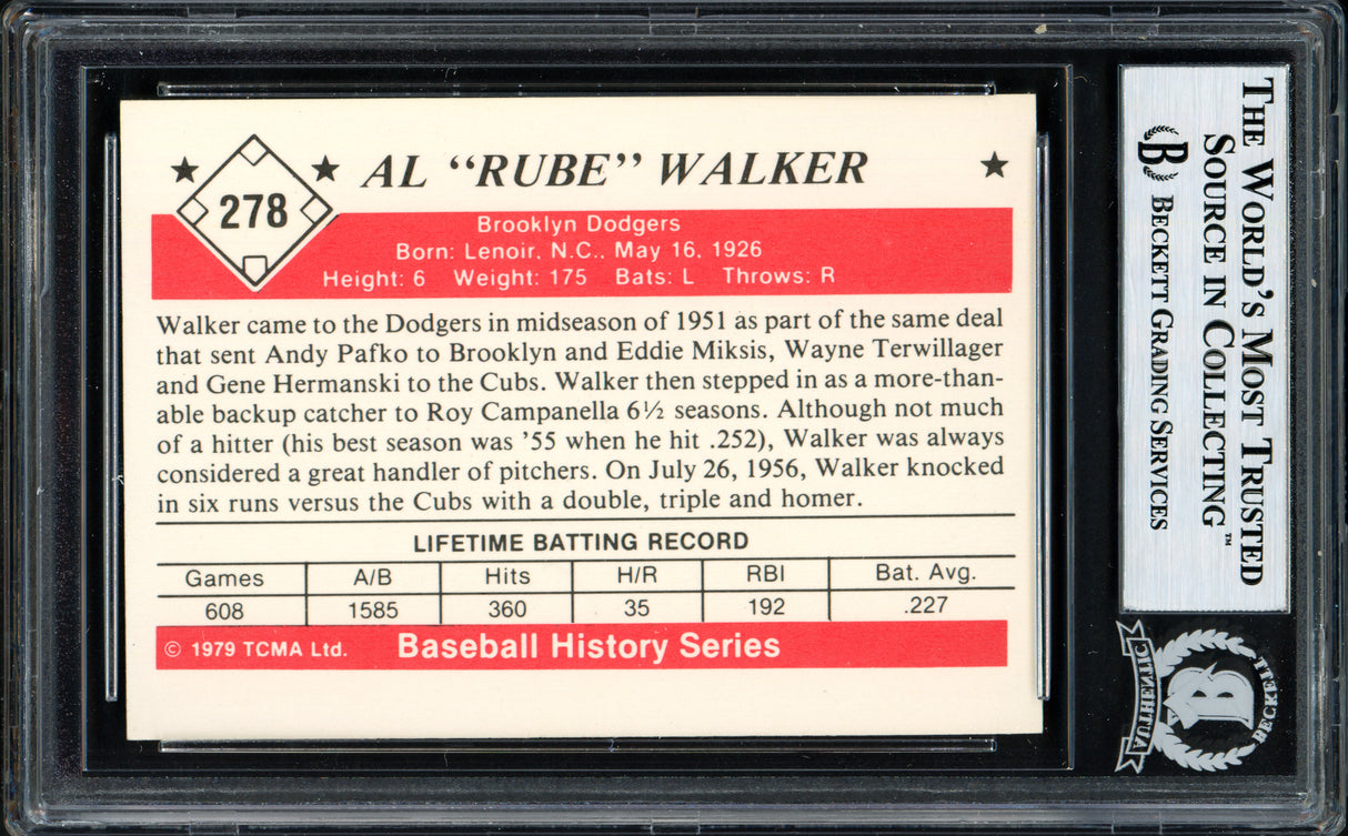 Al "Rube" Walker Autographed 1979 TCMA Card #278 Brooklyn Dodgers Beckett BAS #12058691
