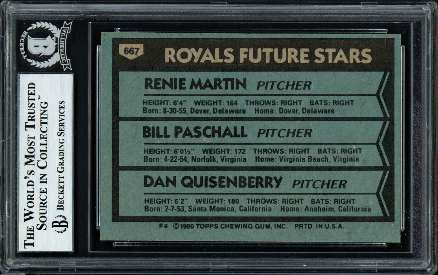 Dan Quisenberry Autographed 1980 Topps Rookie Card #667 Kansas City Royals Beckett BAS #12058703